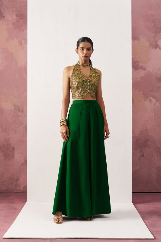 Green & Beige Digital Print Jacquard Waistcoat Crepe Skirt