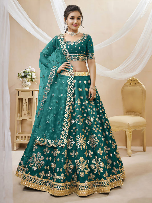 Green Art Silk Sequins & Foil, Zari Embroidered Bridesmaid Lehenga for Mehendi