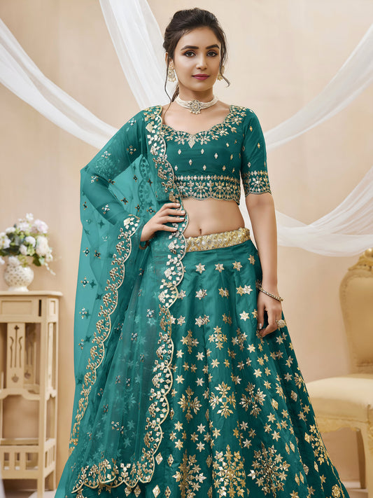 Green Art Silk Sequins & Foil, Zari Embroidered Bridesmaid Lehenga for Mehendi