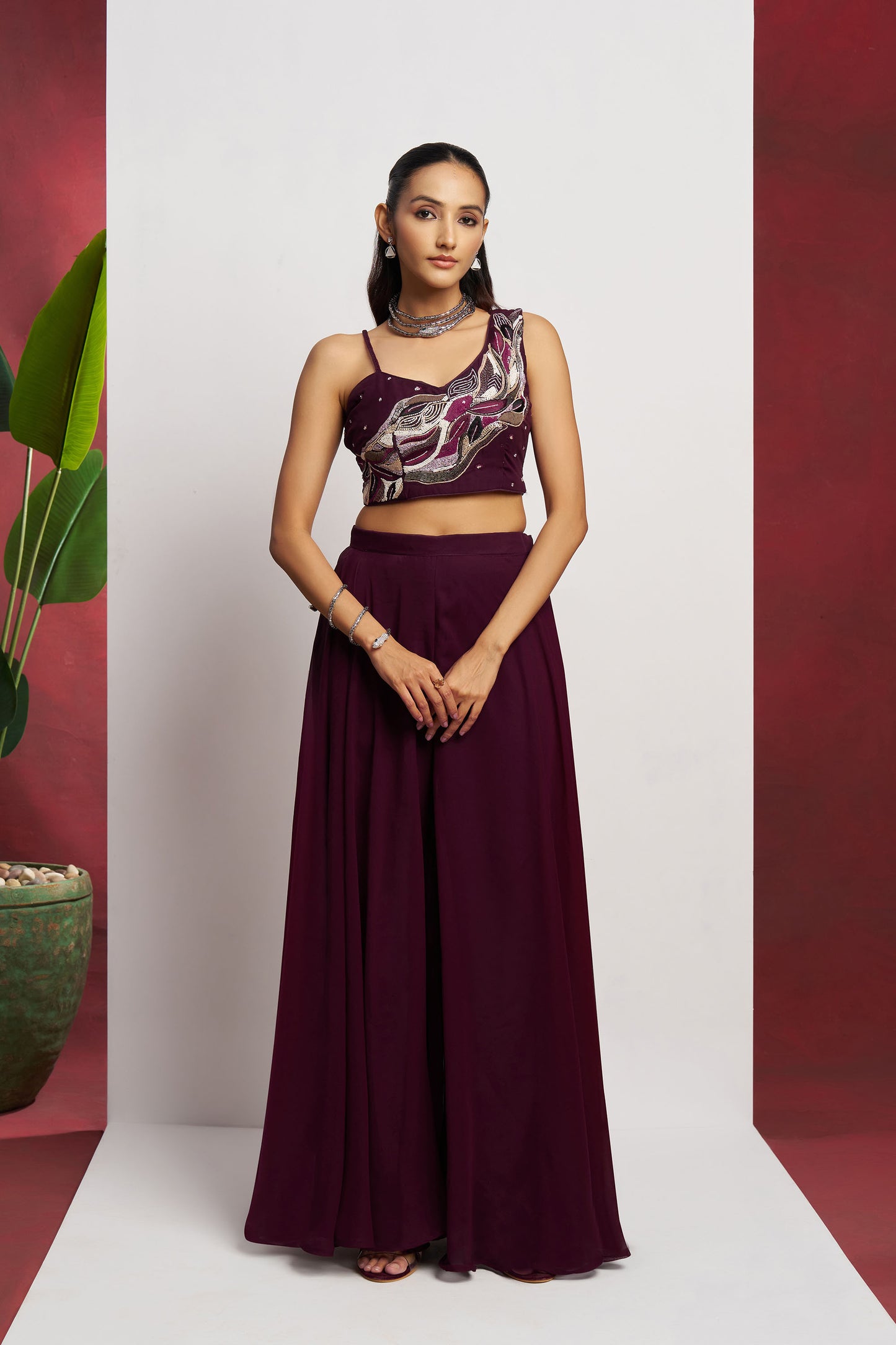 Purple Georgette hand Embroidered Festive Crop Top Set
