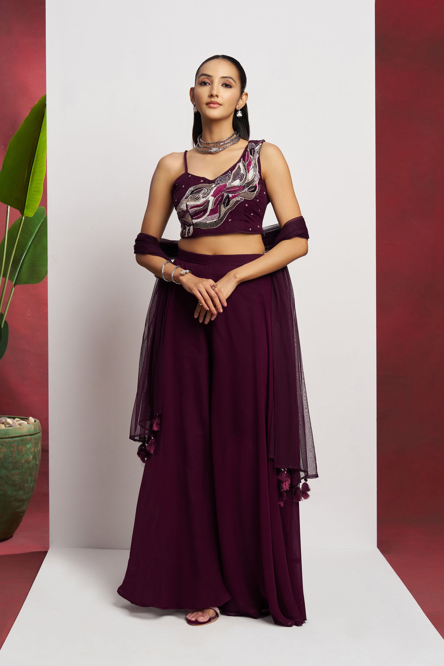 Purple Georgette hand Embroidered Festive Crop Top Set