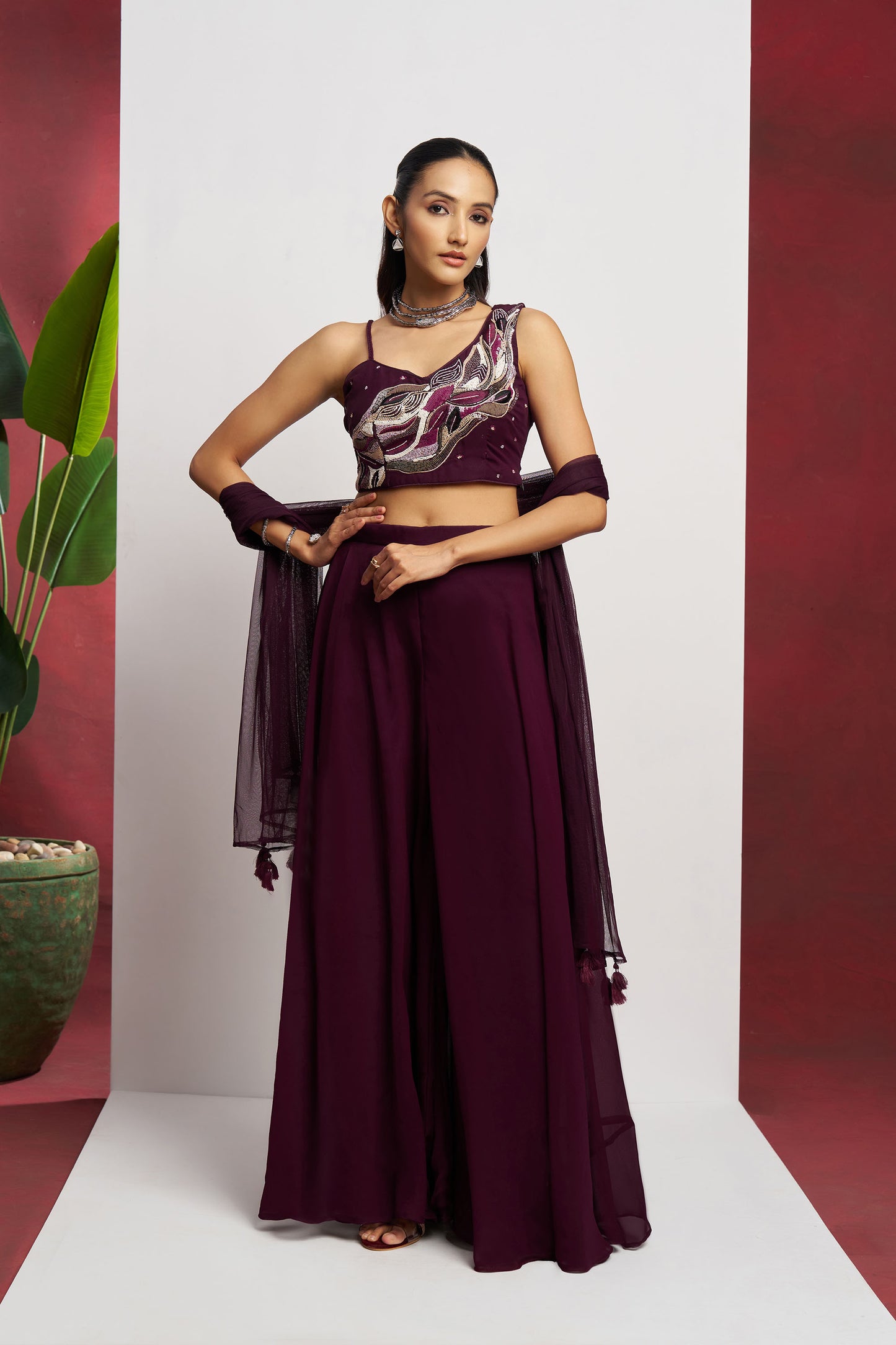 Purple Georgette hand Embroidered Festive Crop Top Set