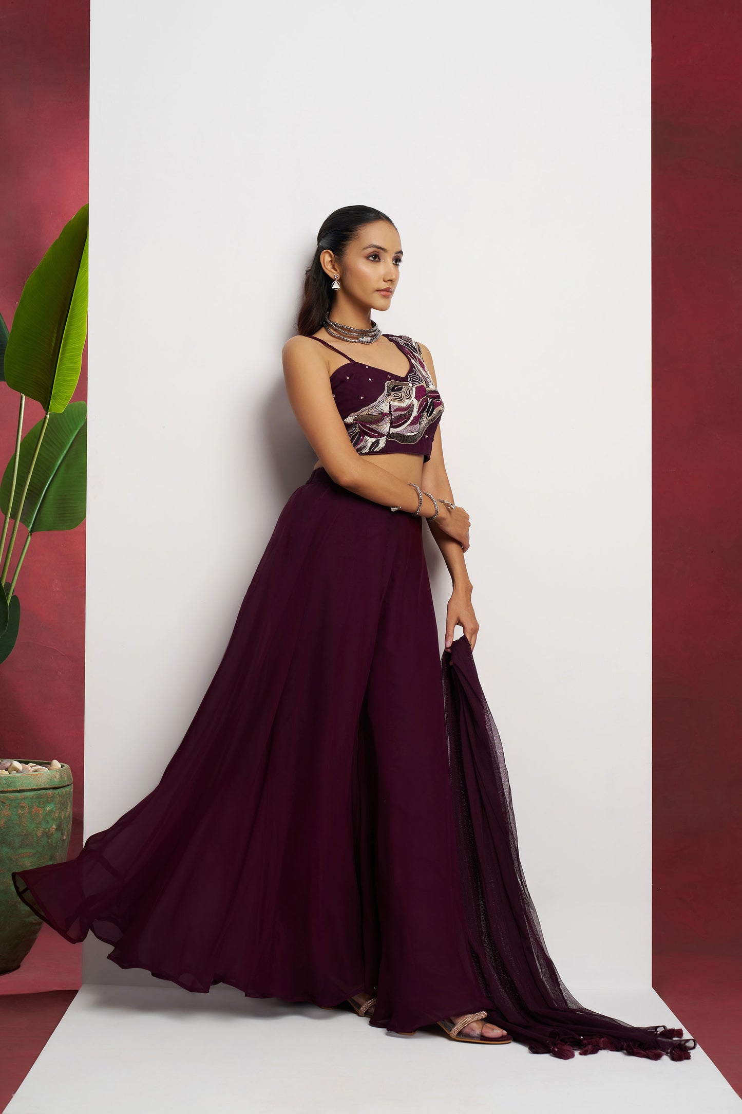 Purple Georgette hand Embroidered Festive Crop Top Set