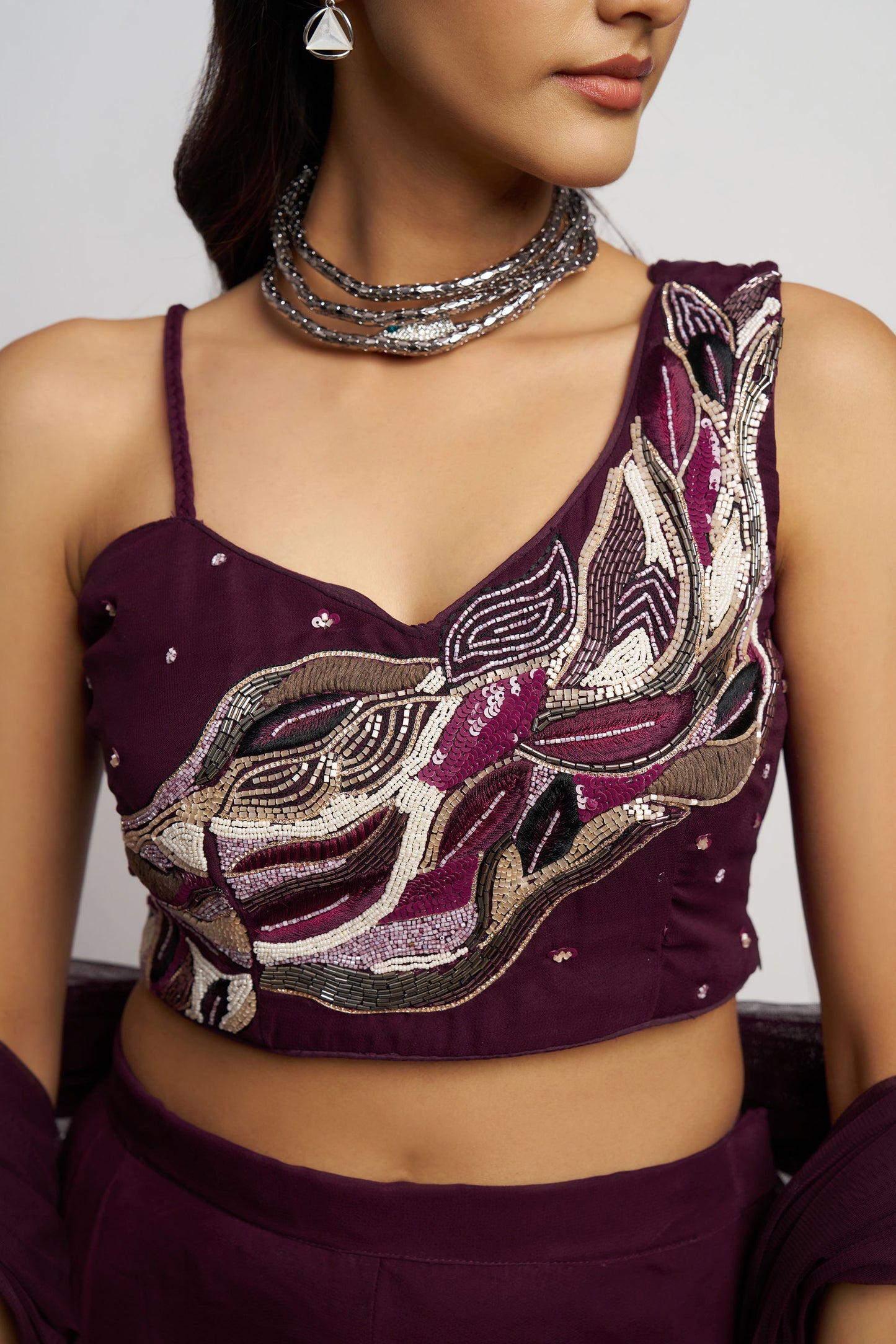 Purple Georgette hand Embroidered Festive Crop Top Set