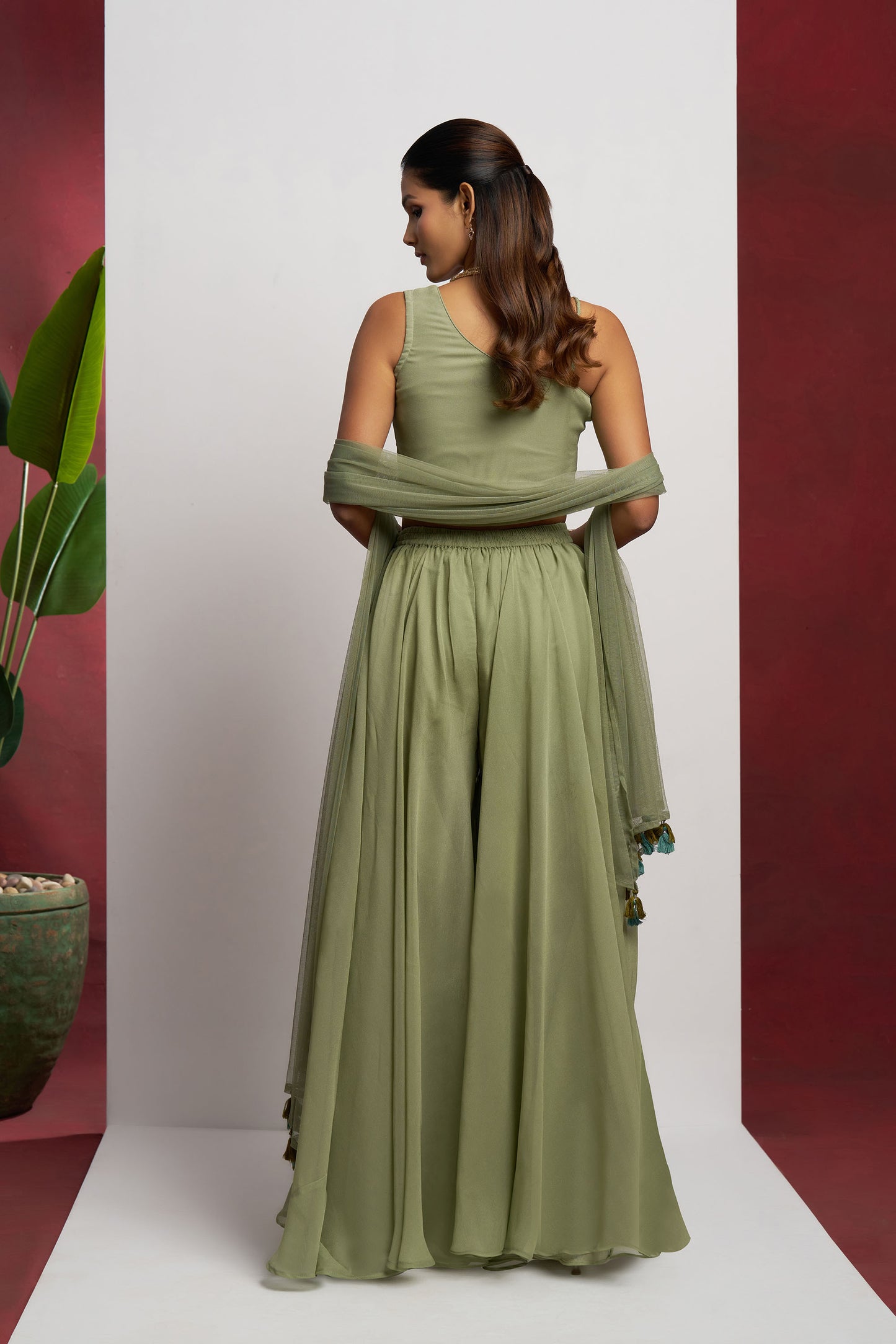 Dusty Green Faux Georgette hand Embroidered Festive Crop Top Set