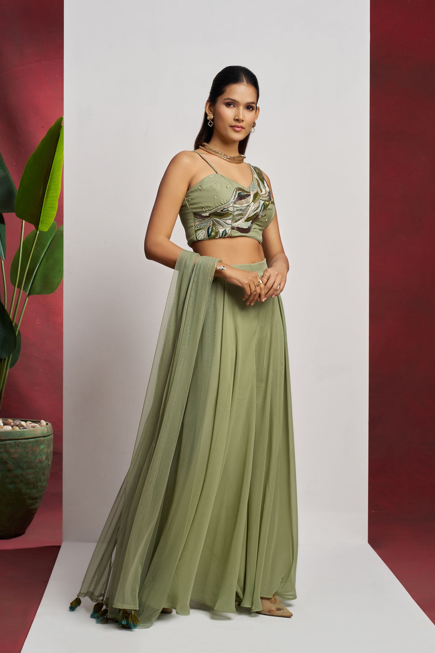 Dusty Green Faux Georgette hand Embroidered Festive Crop Top Set