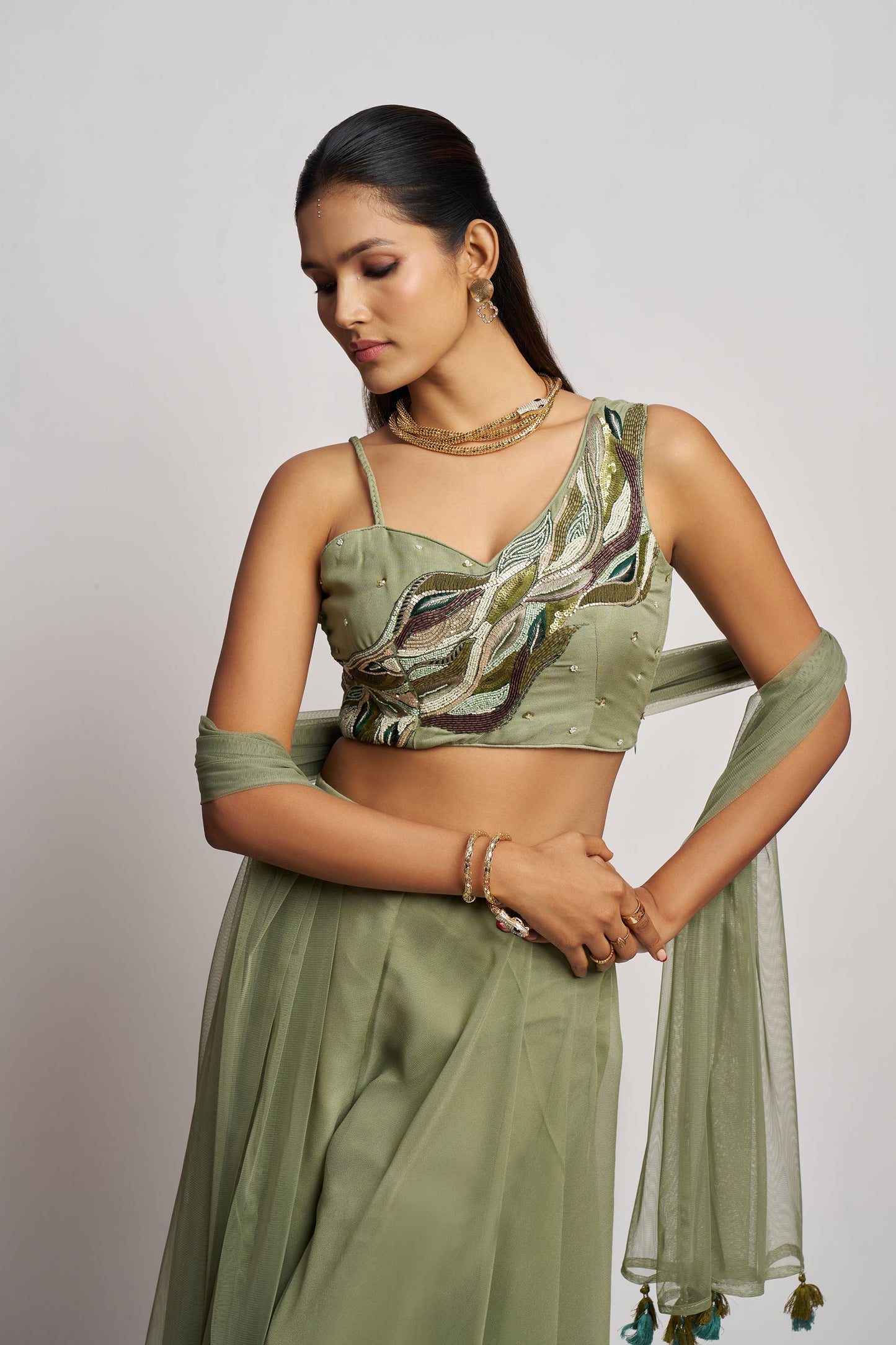 Dusty Green Faux Georgette hand Embroidered Festive Crop Top Set