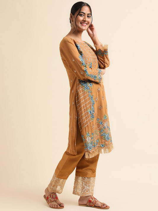 Mustard zari embroidered Faux Georgette Surya pakistani suit