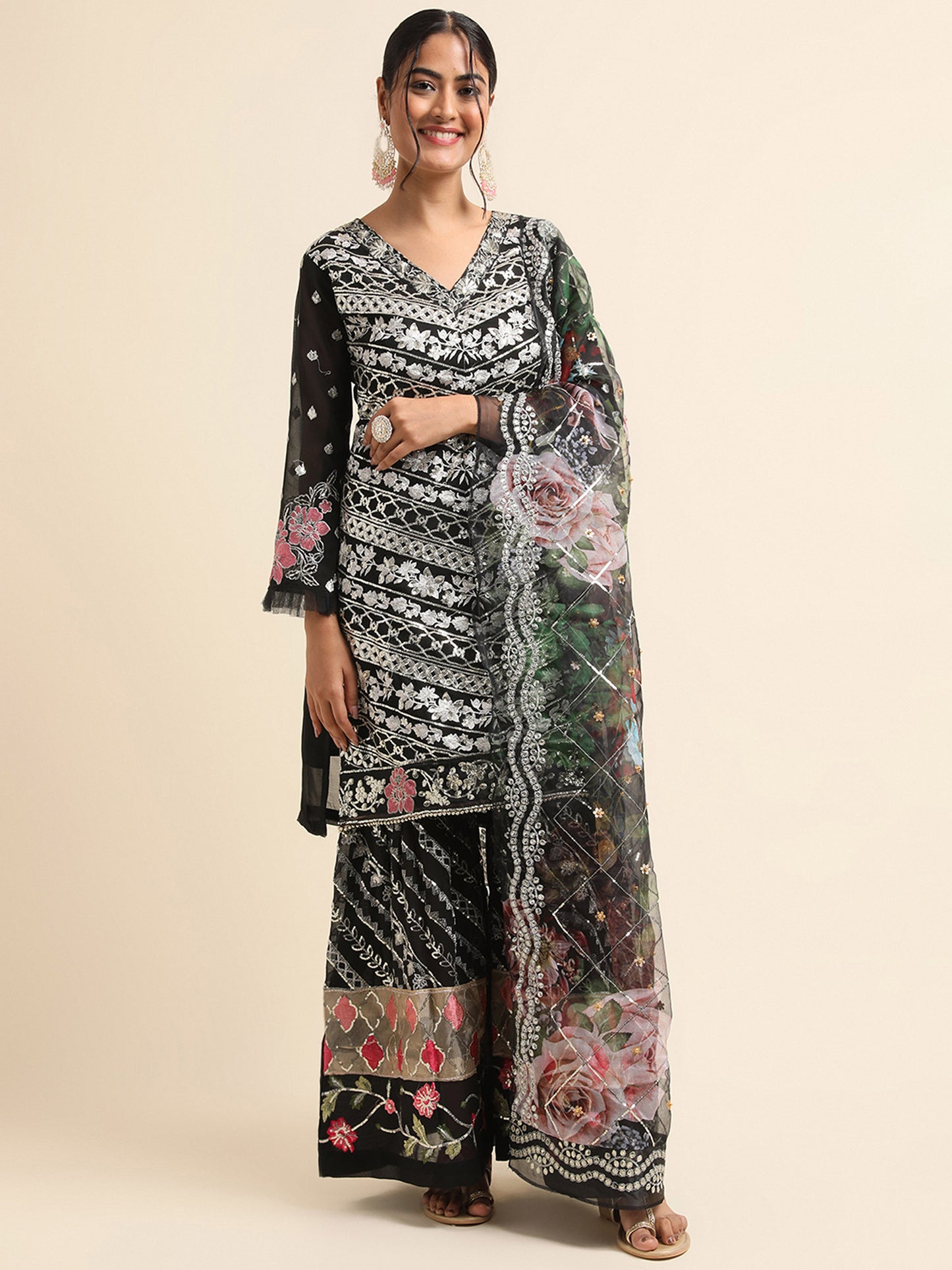 Black Sequins embroidered Faux Georgette Surya sharara salwar kameez