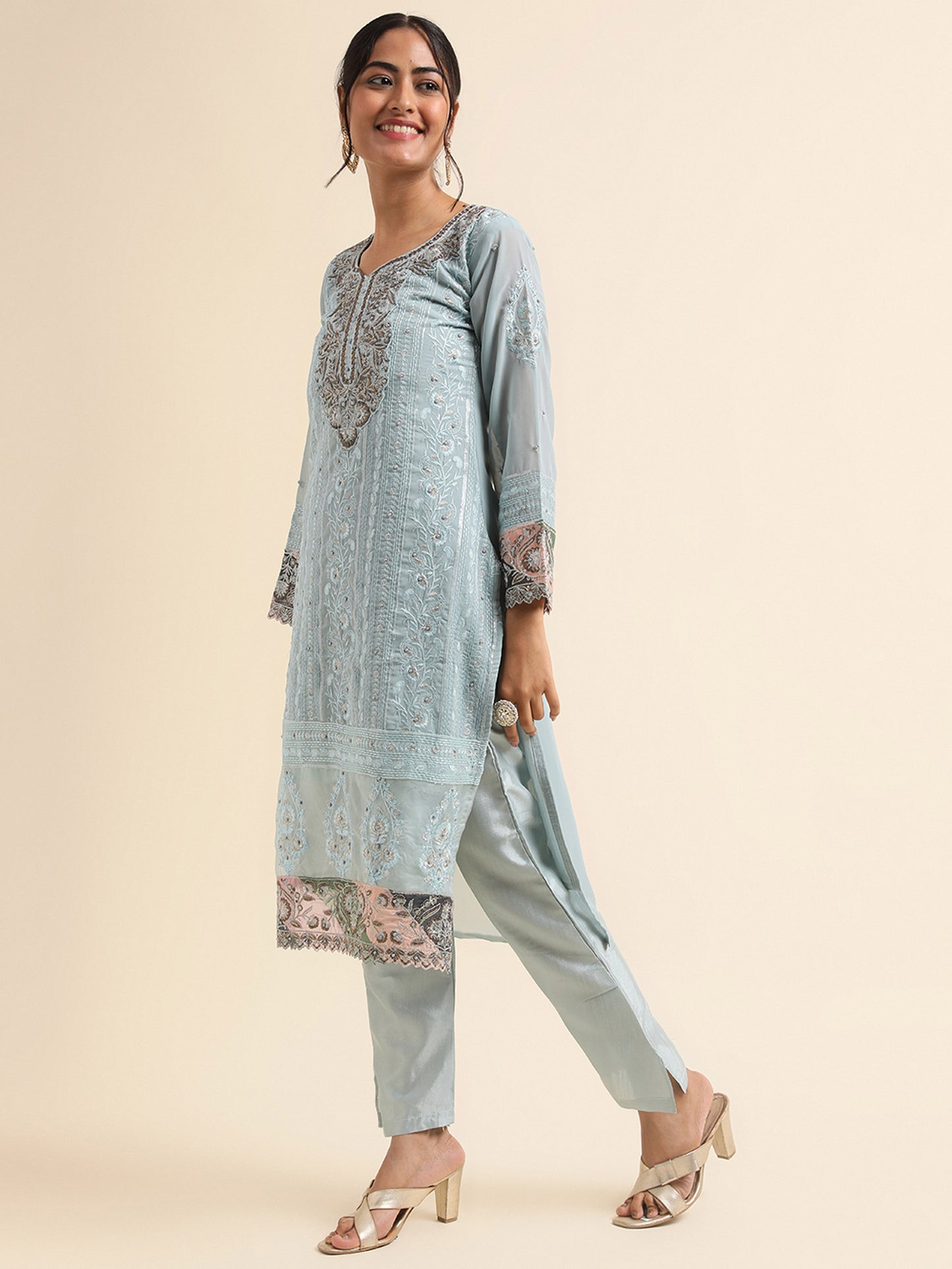 Blue Zari embroidered Faux Georgette Surya pakistani suit