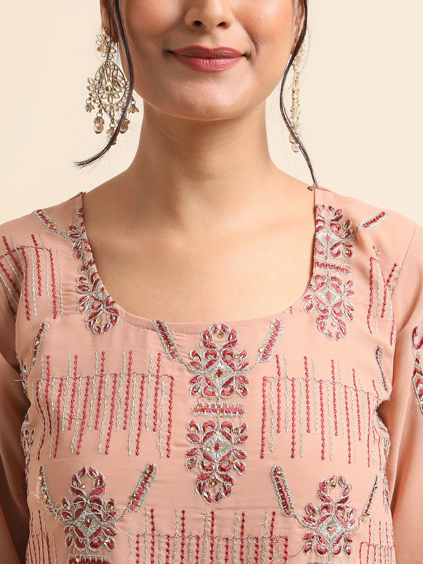 Peach Zari embroidered Faux Georgette Surya pakistani suit