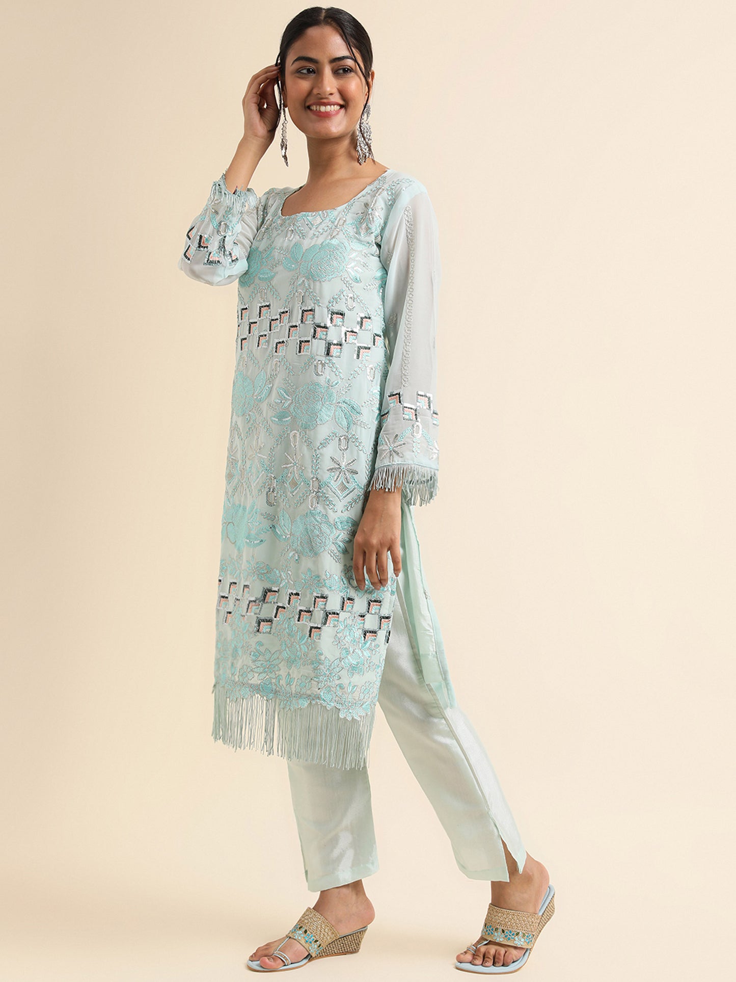 Turquoise Zari embroidered Faux Georgette Surya pakistani suit