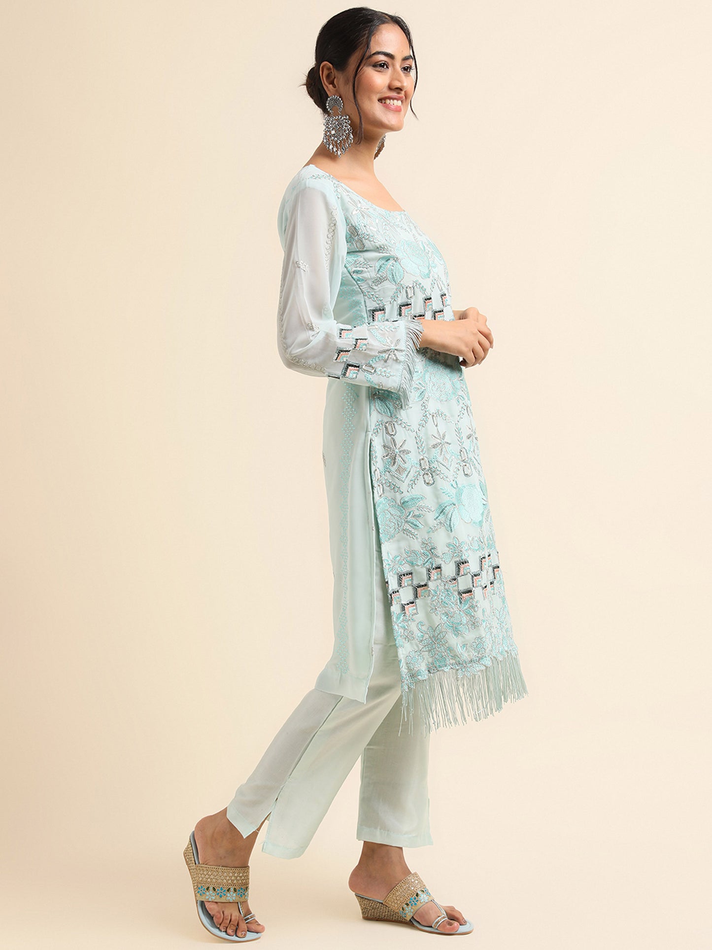 Turquoise Zari embroidered Faux Georgette Surya pakistani suit
