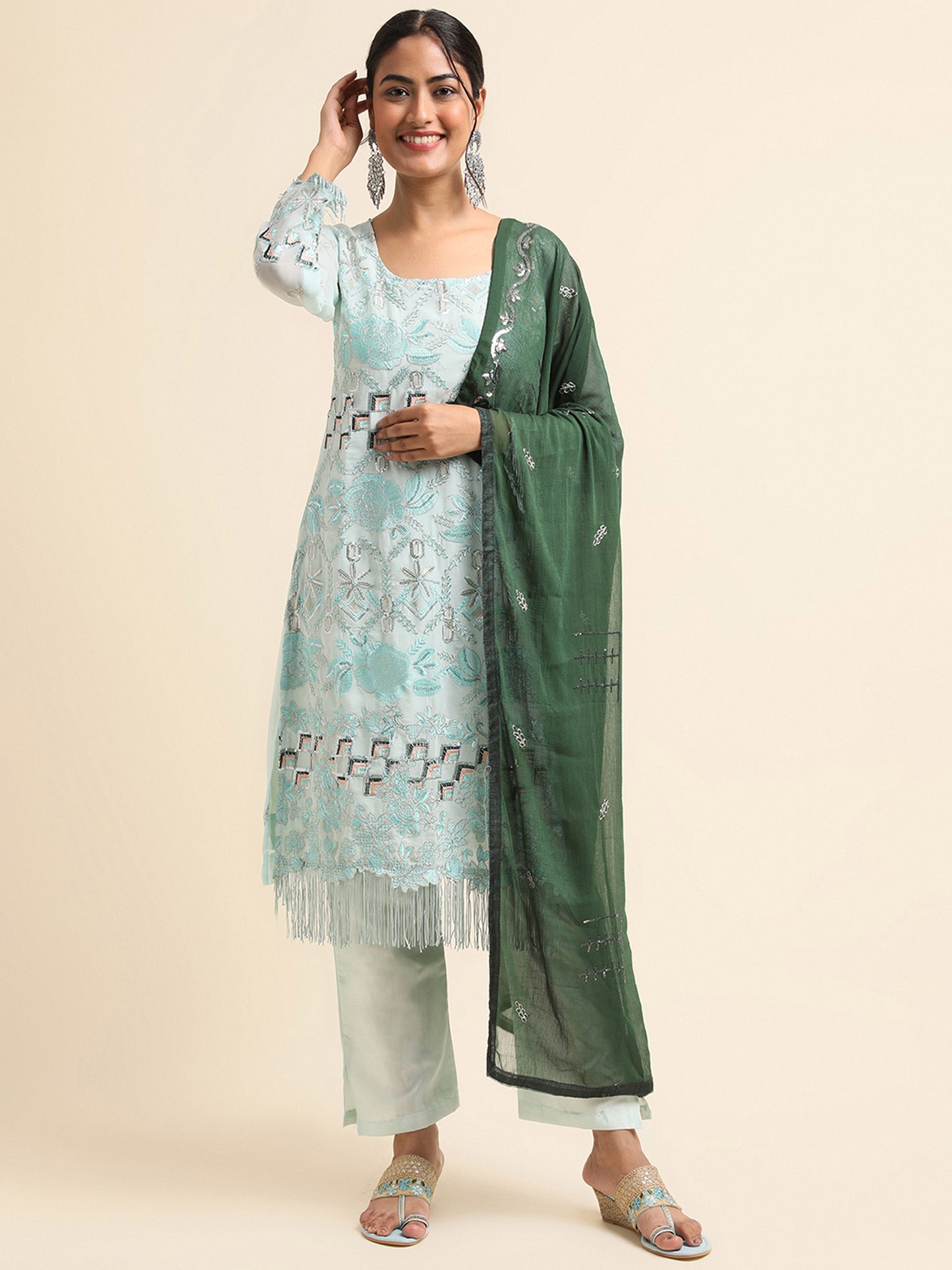 Turquoise Zari embroidered Faux Georgette Surya pakistani suit
