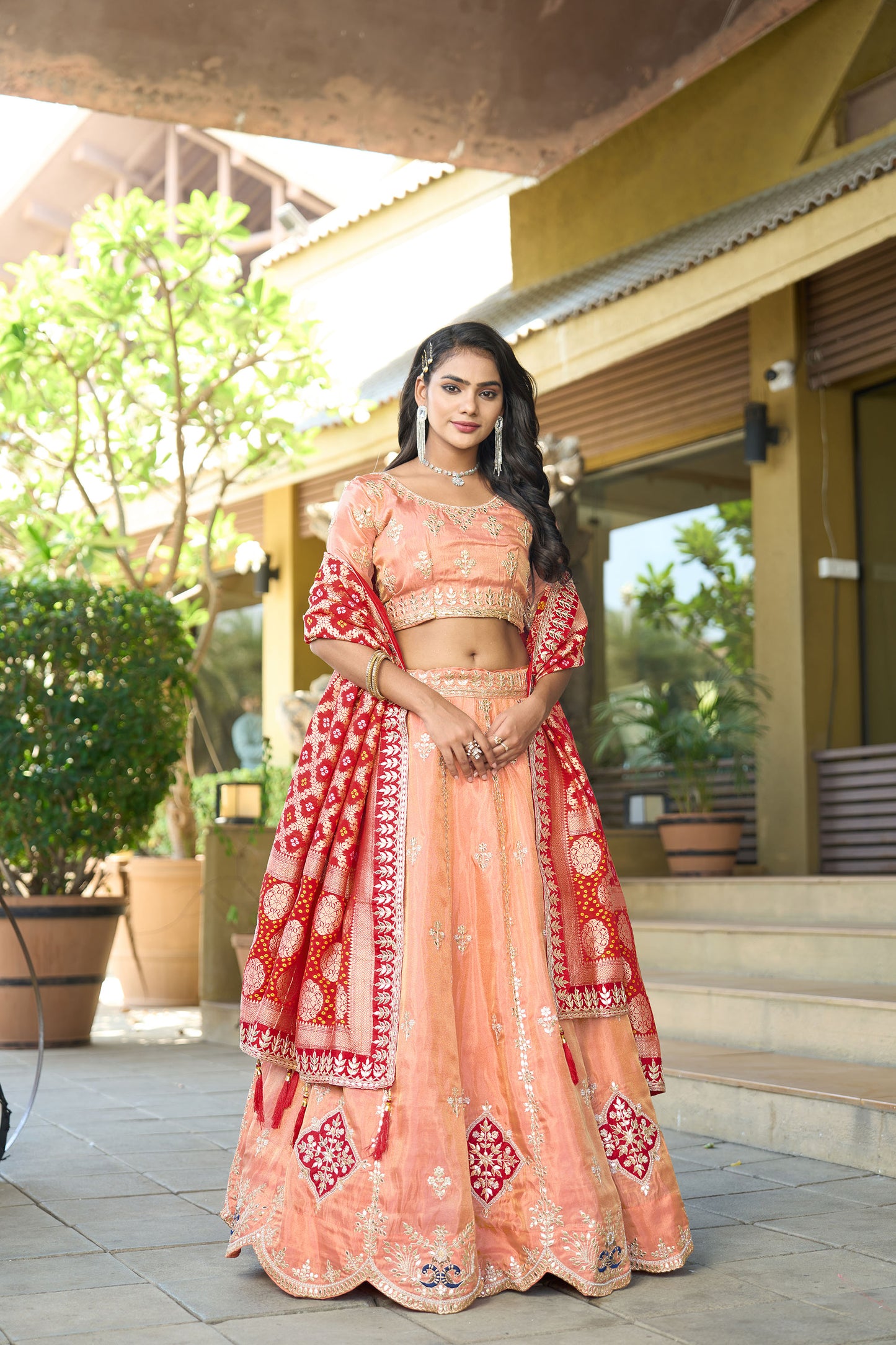 Dark Peach Cosmos Viscose Gota Work & Sequins Wedding Guest Lehenga