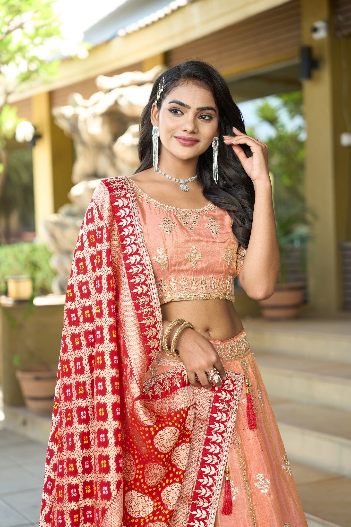 Dark Peach Cosmos Viscose Gota Work & Sequins Wedding Guest Lehenga