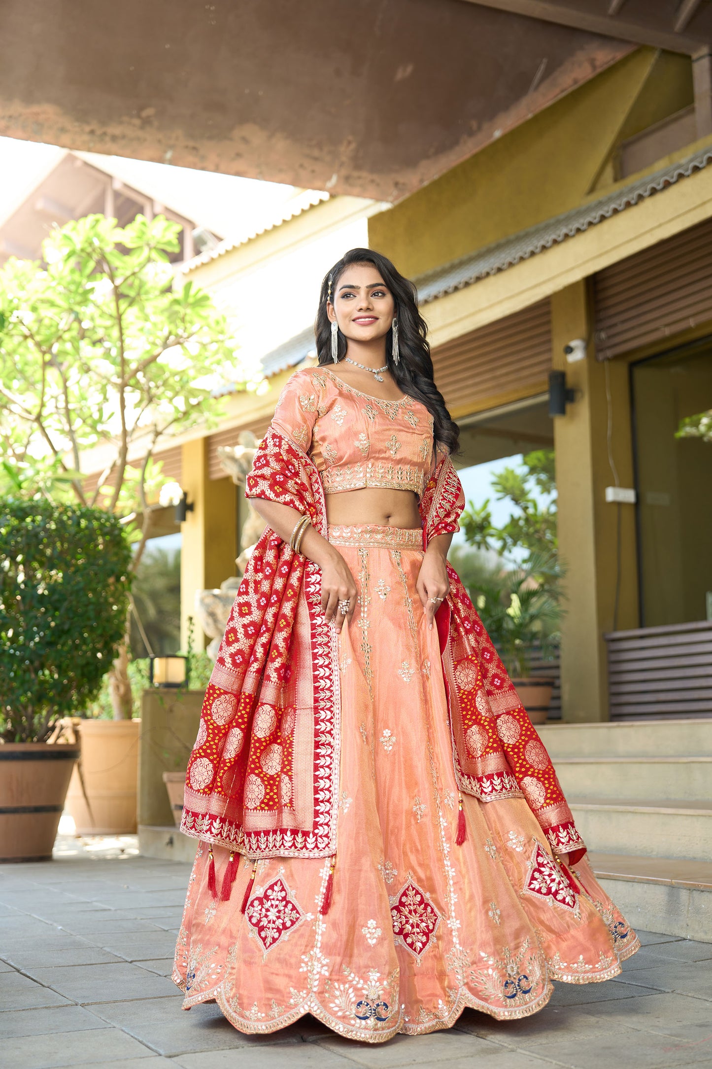 Dark Peach Cosmos Viscose Gota Work & Sequins Wedding Guest Lehenga