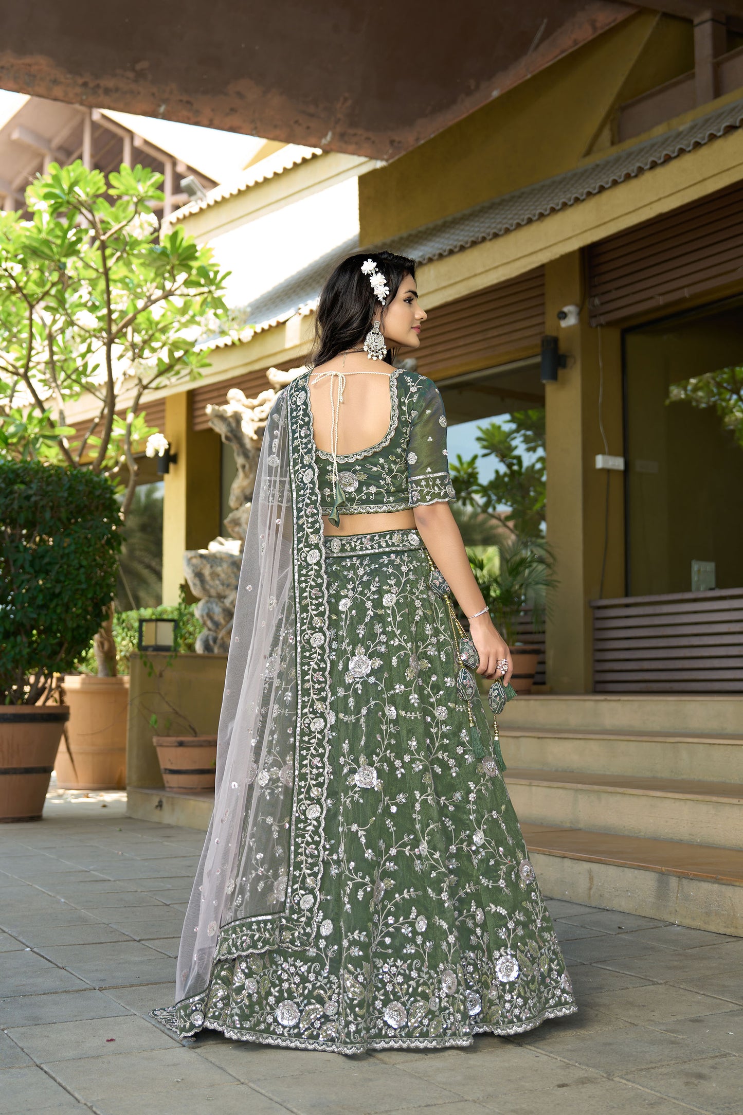 Green Cosmos Tissue Zarkan Embroidery Mehendi Lehenga