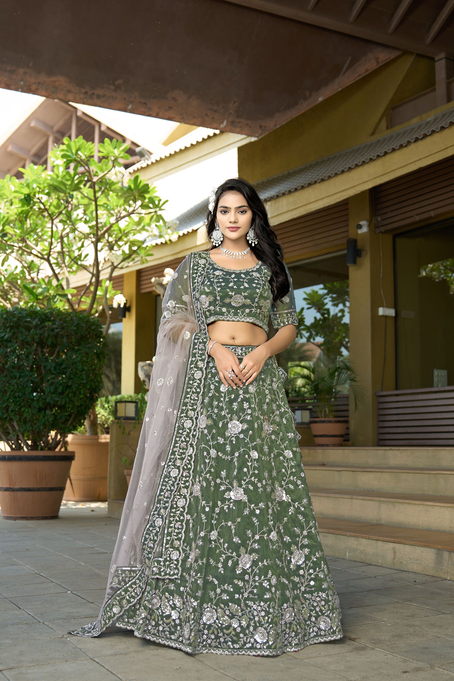 Green Cosmos Tissue Zarkan Embroidery Mehendi Lehenga