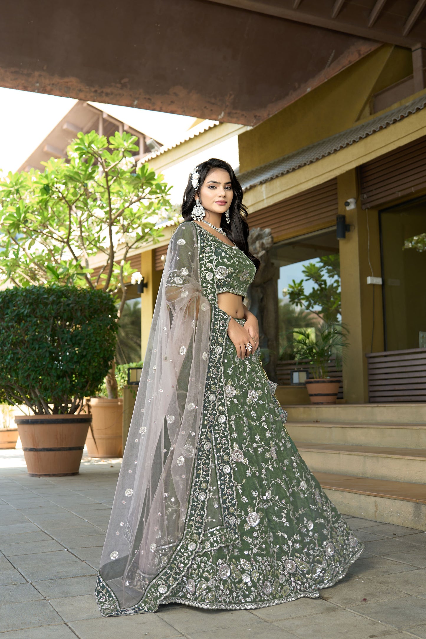 Green Cosmos Tissue Zarkan Embroidery Mehendi Lehenga