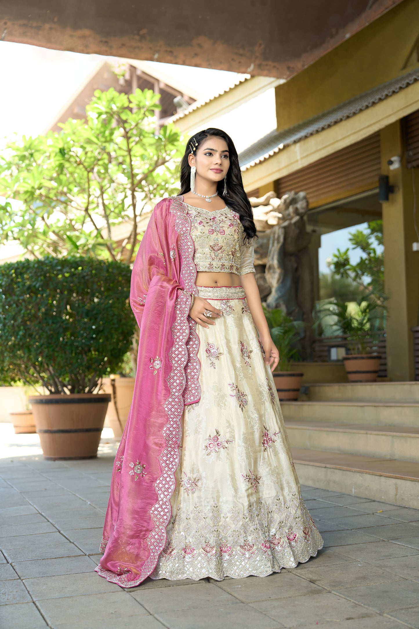 Cream Jacquard Silk Zari Embroidered Bridesmaid Lehenga