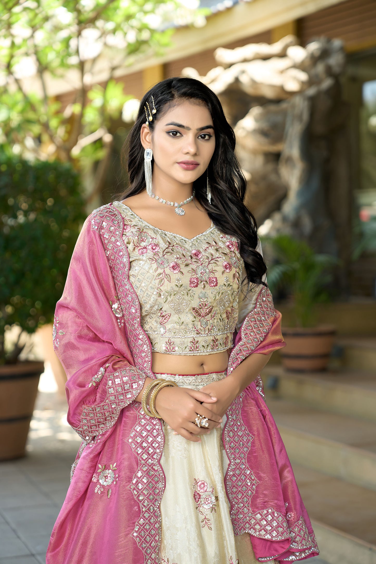 Cream Jacquard Silk Zari Embroidered Bridesmaid Lehenga