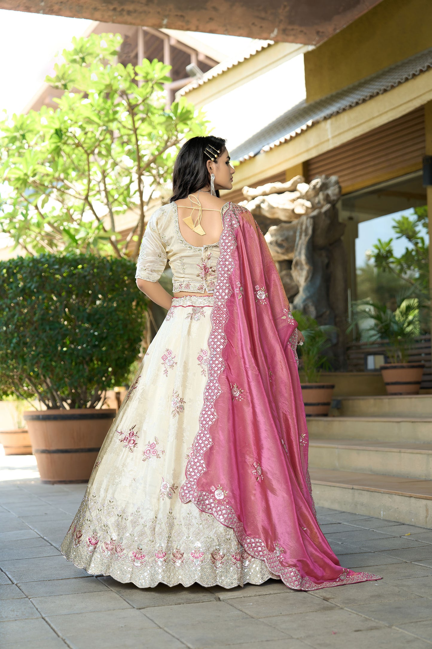Cream Jacquard Silk Zari Embroidered Bridesmaid Lehenga