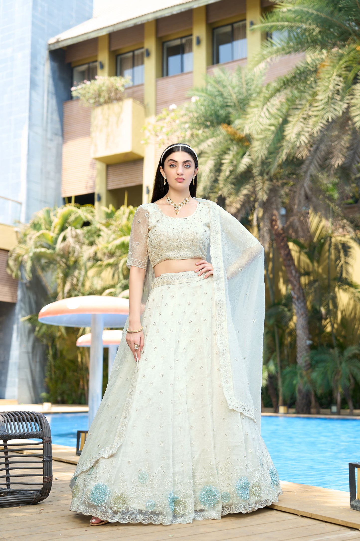White Organza Stones And Sequins Embroidered Sangeet Lehenga