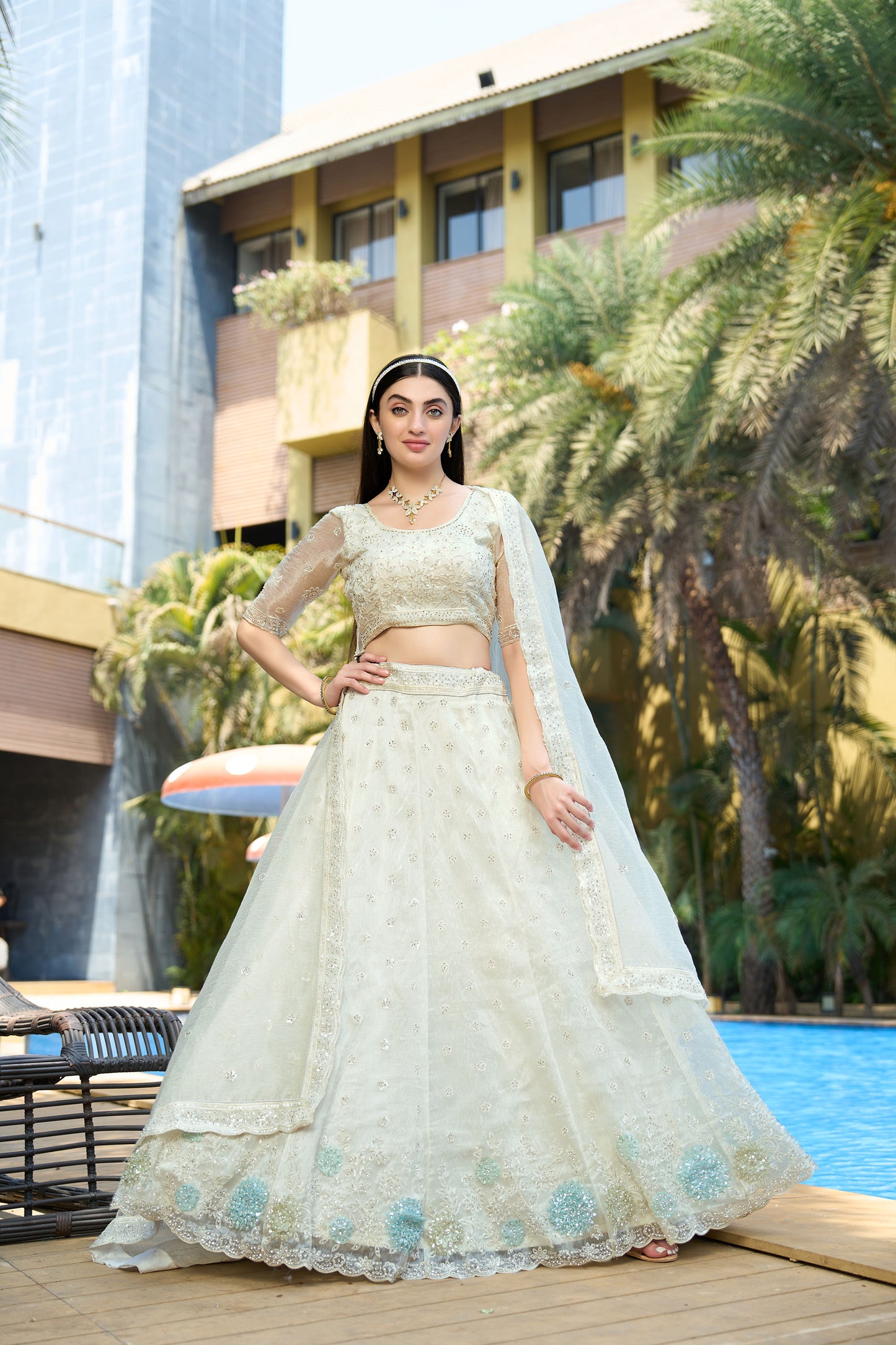 White Organza Stones And Sequins Embroidered Sangeet Lehenga