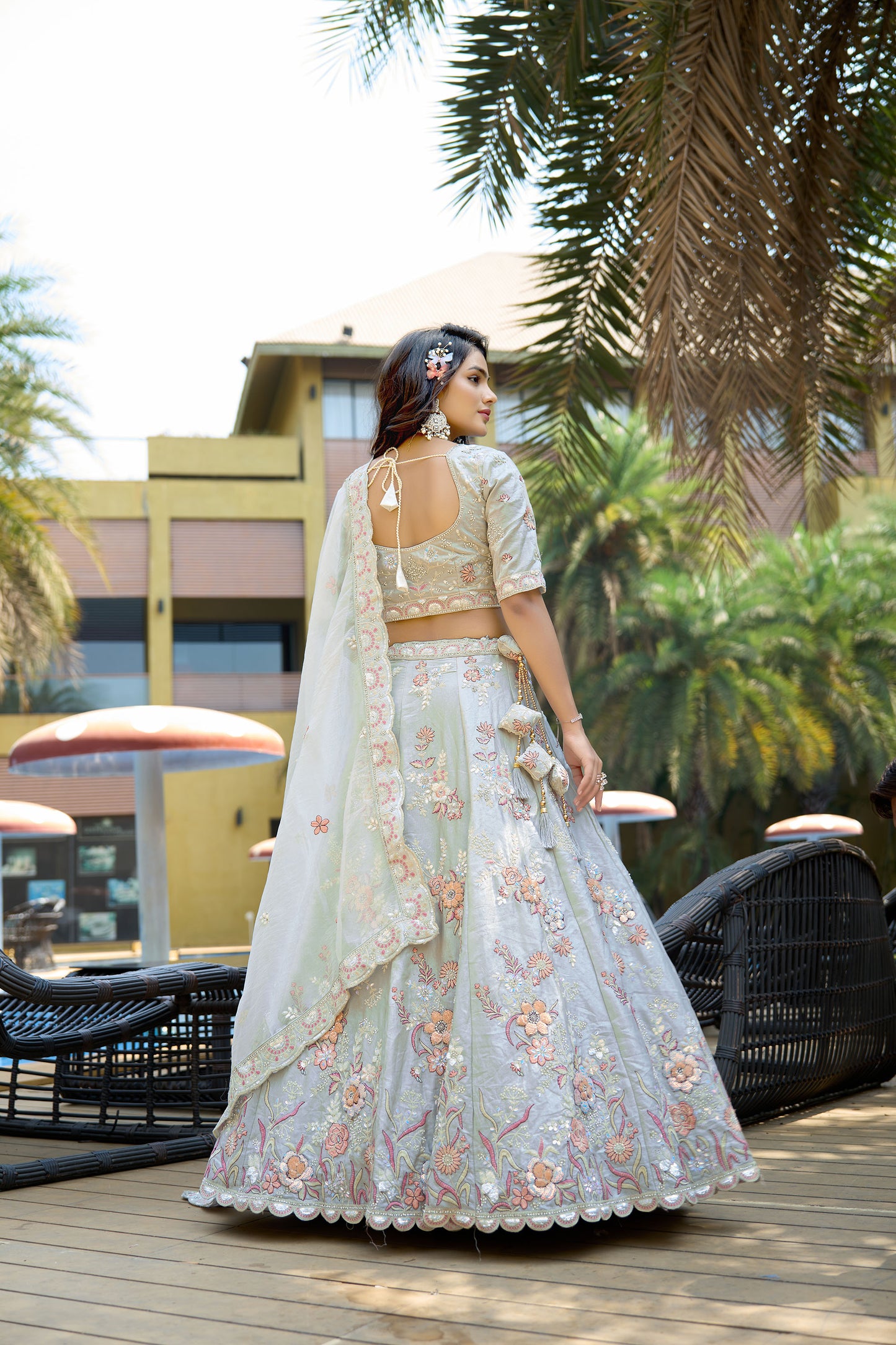Light Grey Fendy Silk Zarkan Embroidered Wedding Guest Lehenga