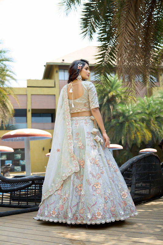 Light Grey Fendy Silk Zarkan Embroidered Wedding Guest Lehenga