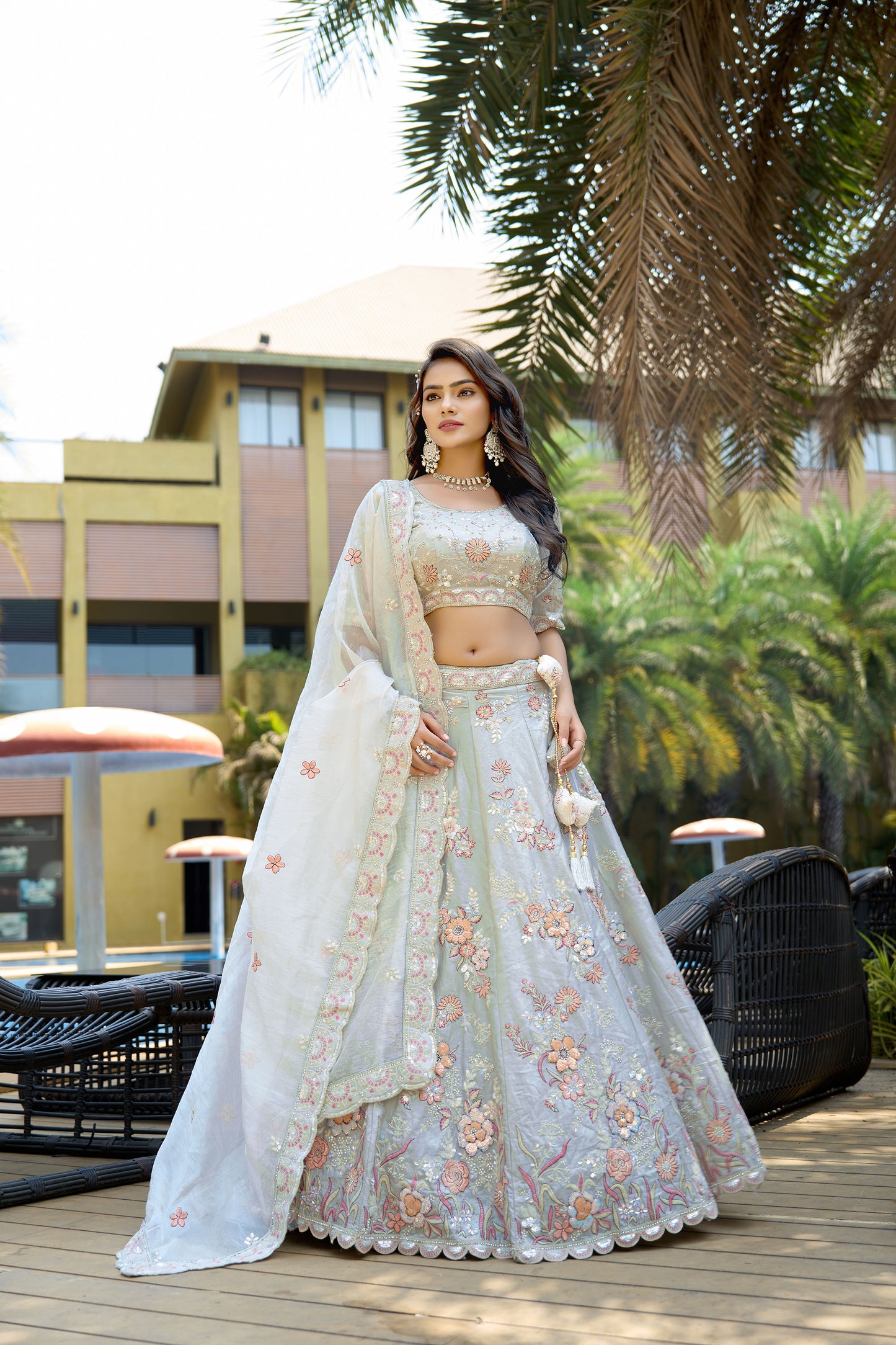 Light Grey Fendy Silk Zarkan Embroidered Wedding Guest Lehenga