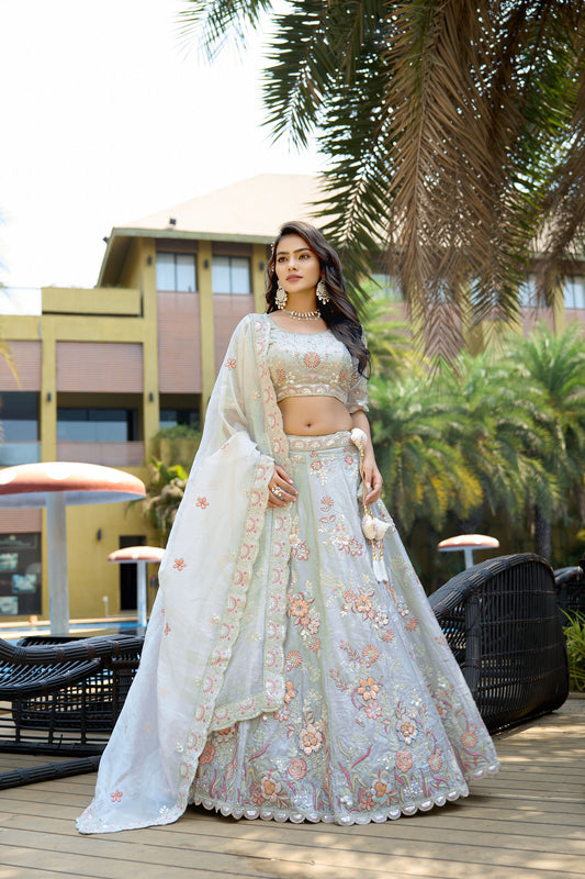 Light Grey Fendy Silk Zarkan Embroidered Wedding Guest Lehenga