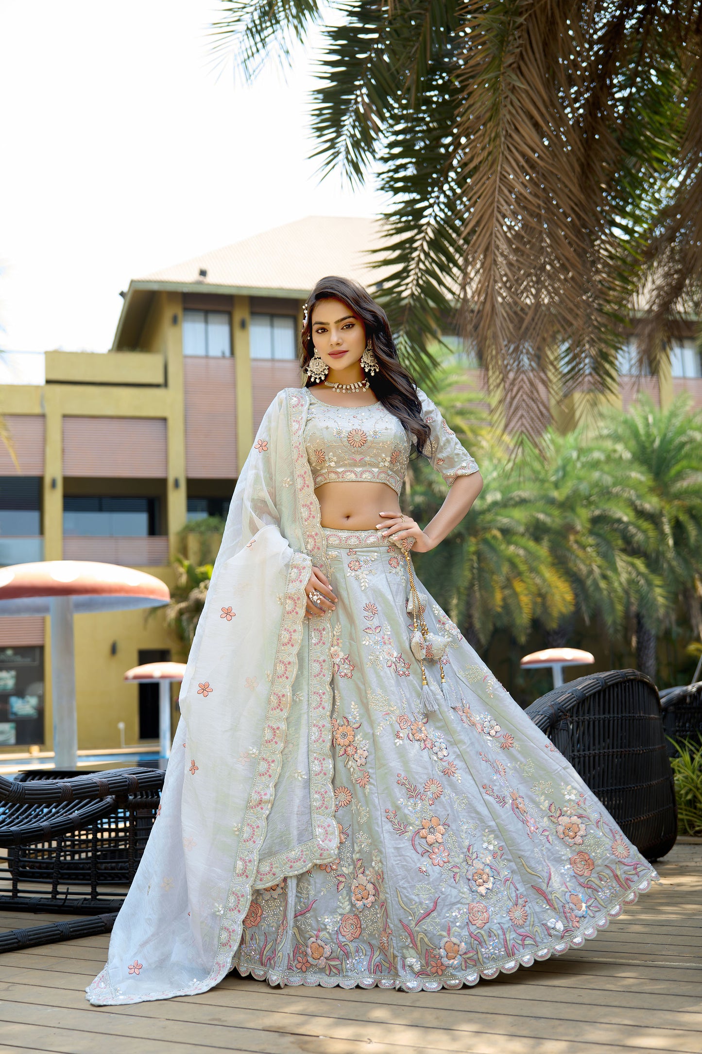 Light Grey Fendy Silk Zarkan Embroidered Wedding Guest Lehenga