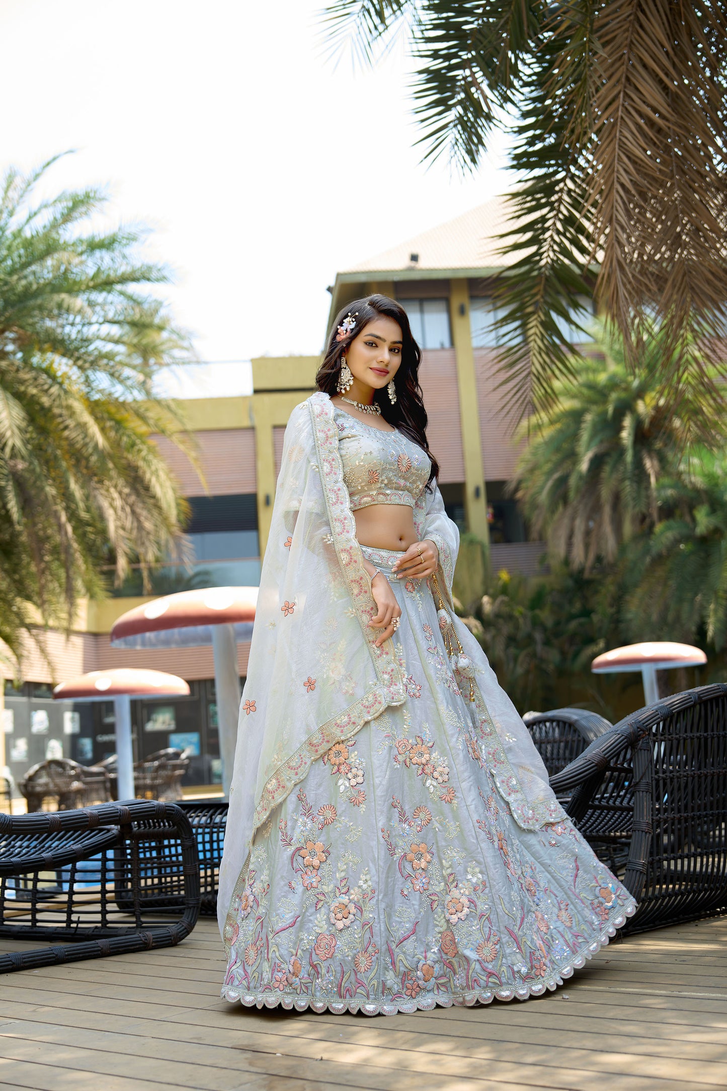 Light Grey Fendy Silk Zarkan Embroidered Wedding Guest Lehenga