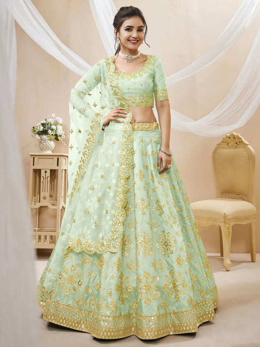 Pista Green Art Silk Sequins & Foil, Zari Embroidered Bridesmaid Lehenga