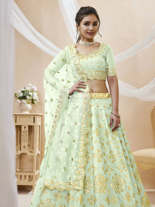 Pista Green Art Silk Sequins & Foil, Zari Embroidered Bridesmaid Lehenga