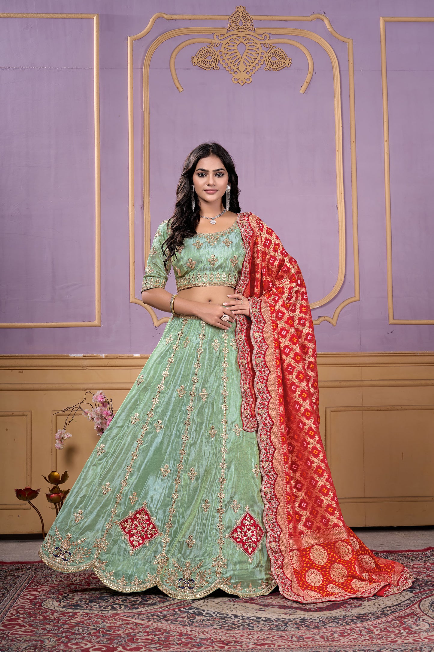 Pista Green Viscose Gota & Sequins Work Mehendi Lehenga