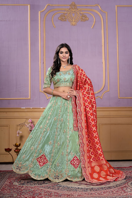 Pista Green Viscose Gota & Sequins Work Mehendi Lehenga