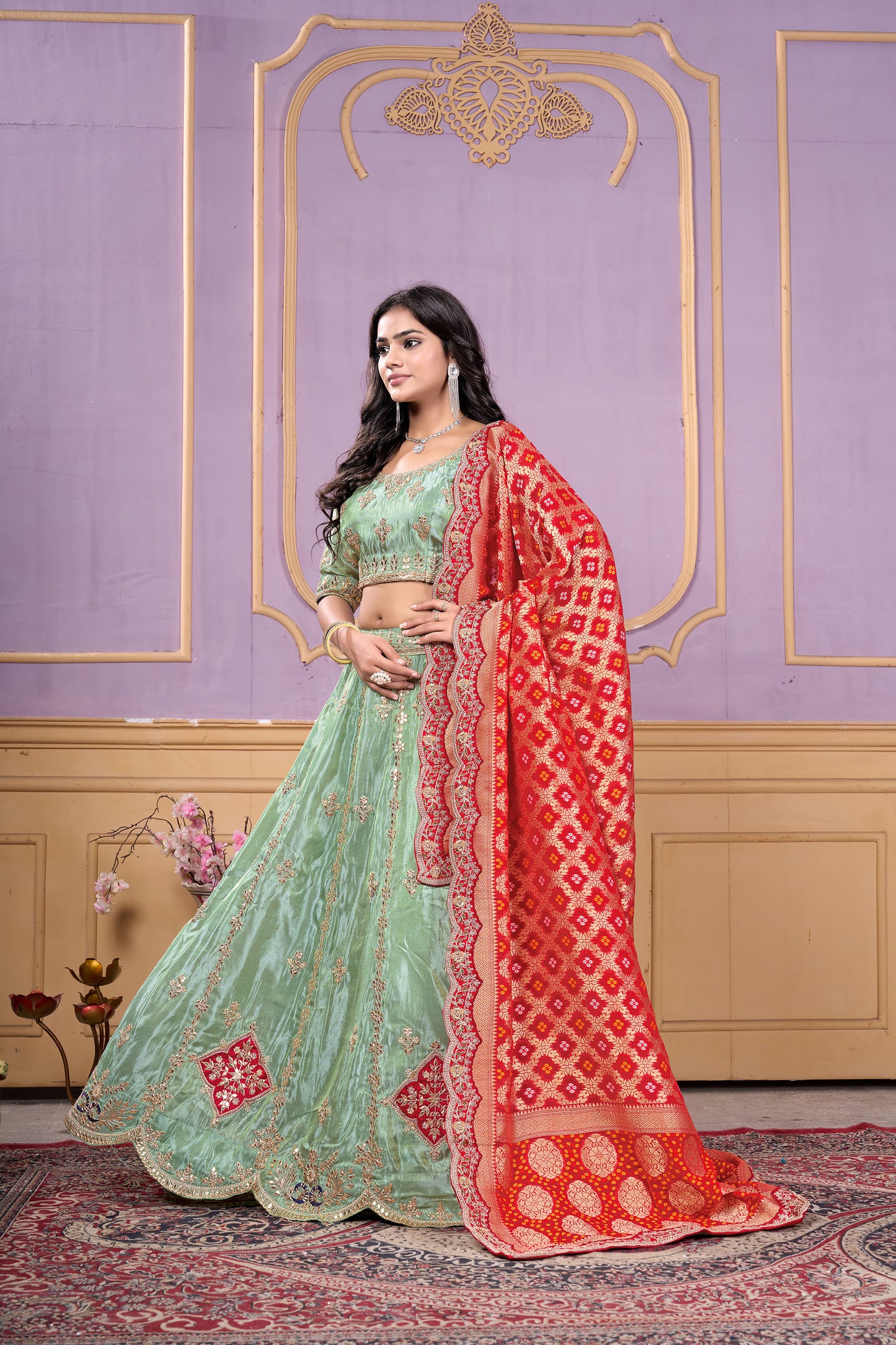 Pista Green Viscose Gota & Sequins Work Mehendi Lehenga