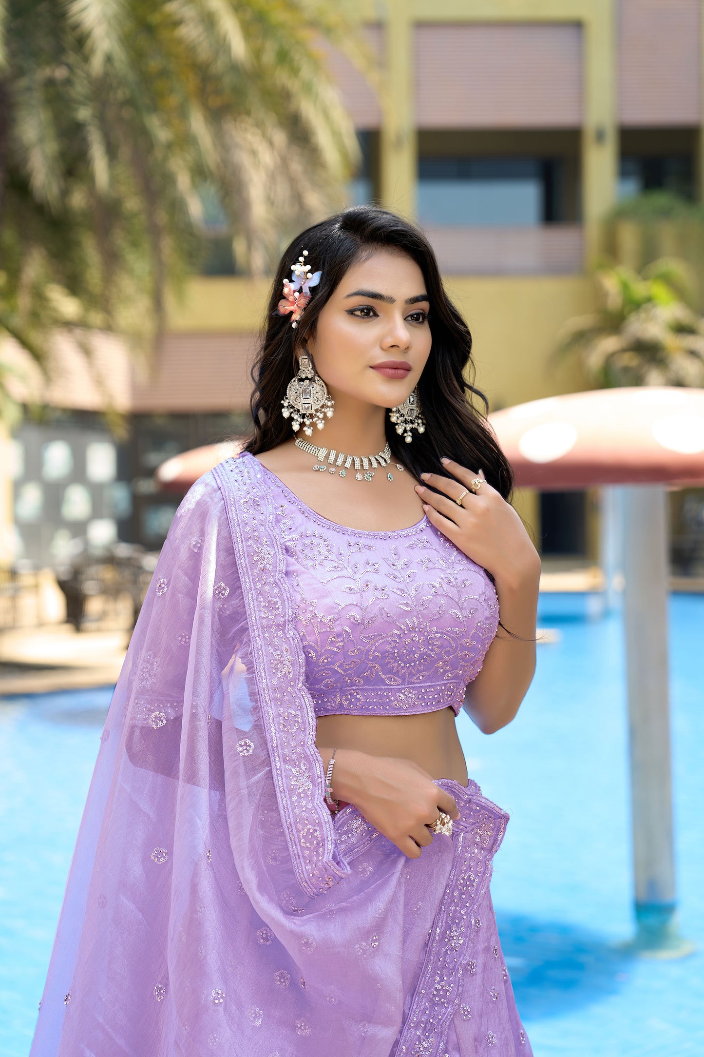 Lavender Organza Zarkan & Sequins Embroidery Bridesmaid Lehenga