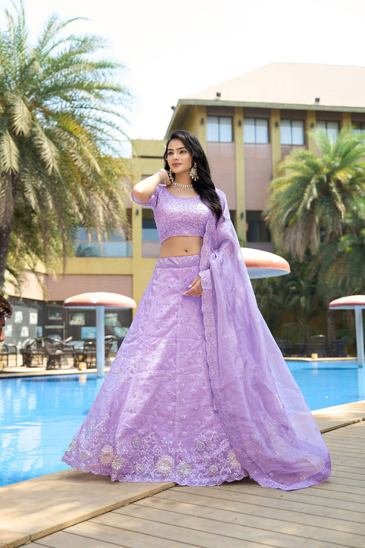 Lavender Organza Zarkan & Sequins Embroidery Bridesmaid Lehenga