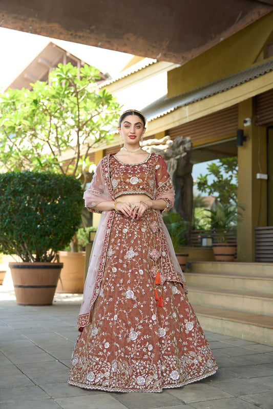 Brown Tissue Zarkan & Sequins Embroidery Lehenga