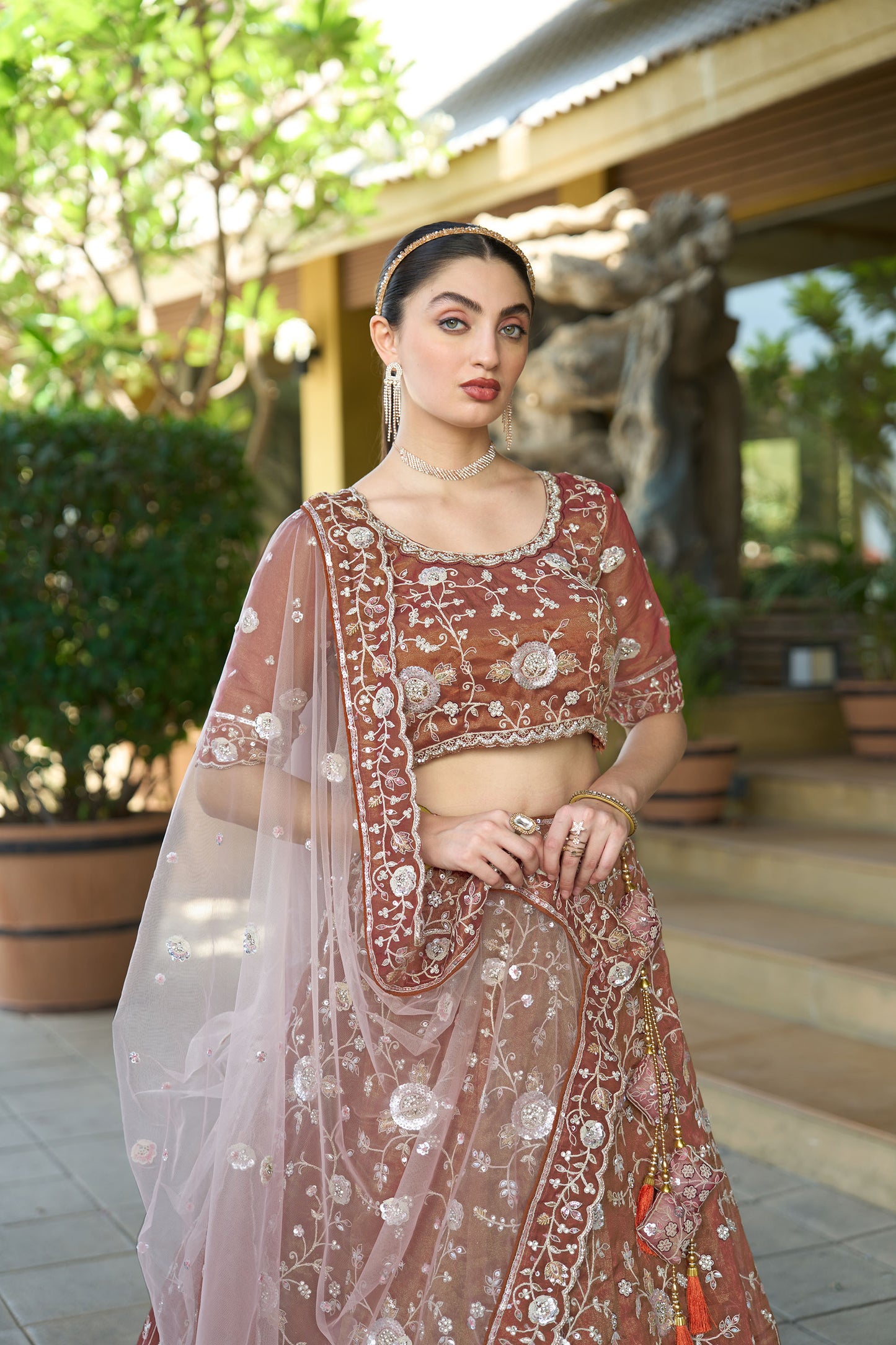 Brown Tissue Zarkan & Sequins Embroidery Lehenga