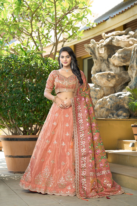 Orange Viscose Gota Work & Printed Wedding Guest Lehenga