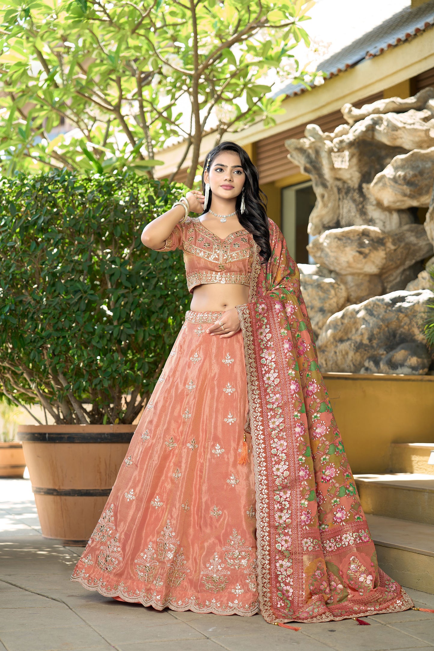 Orange Viscose Gota Work & Printed Wedding Guest Lehenga