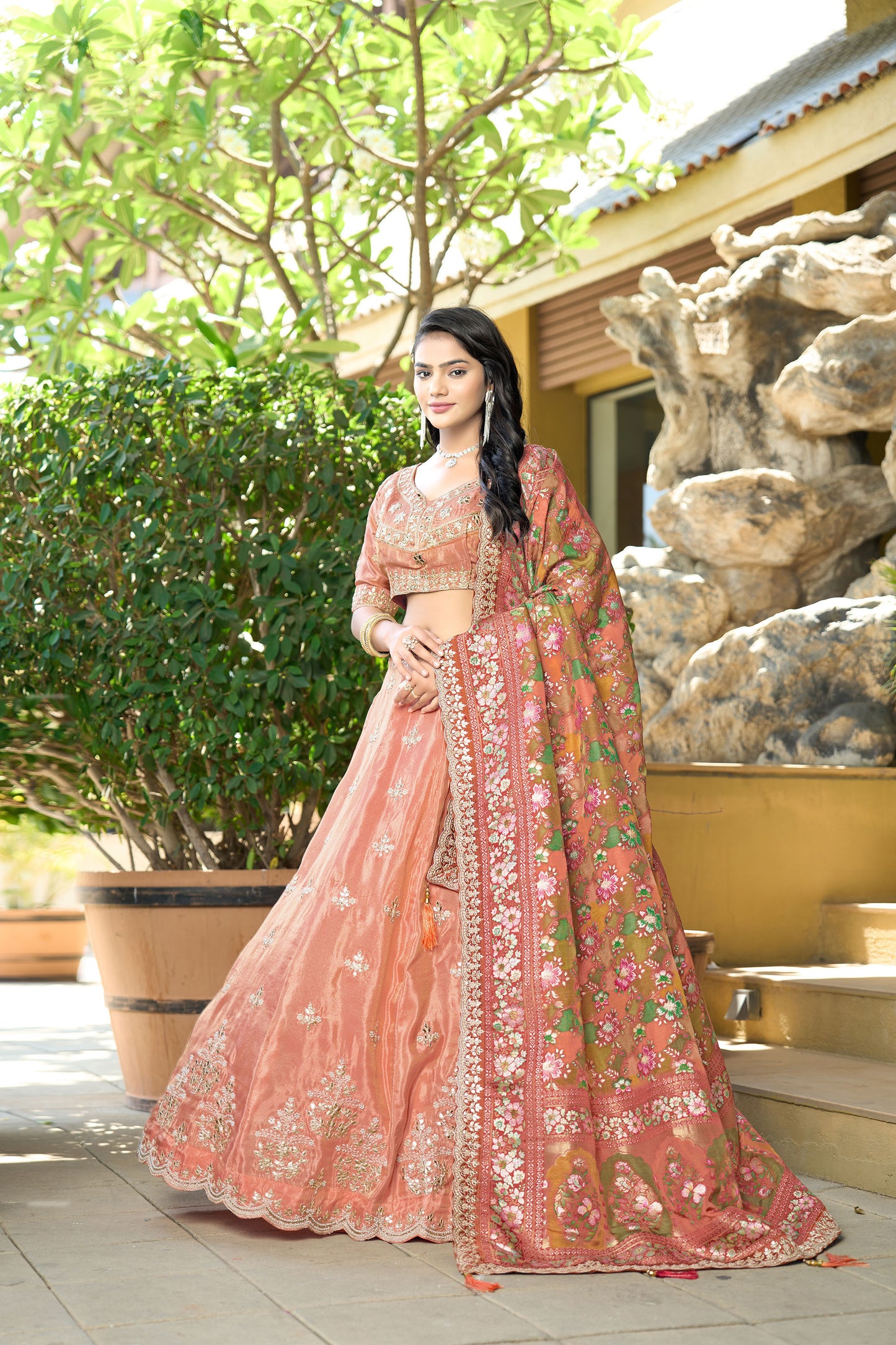 Orange Viscose Gota Work & Printed Wedding Guest Lehenga