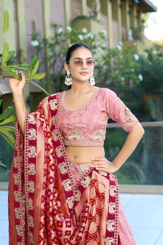 Pink Viscose Gota Work & Coding Wedding Guest Lehenga