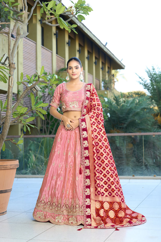 Pink Viscose Gota Work & Coding Wedding Guest Lehenga