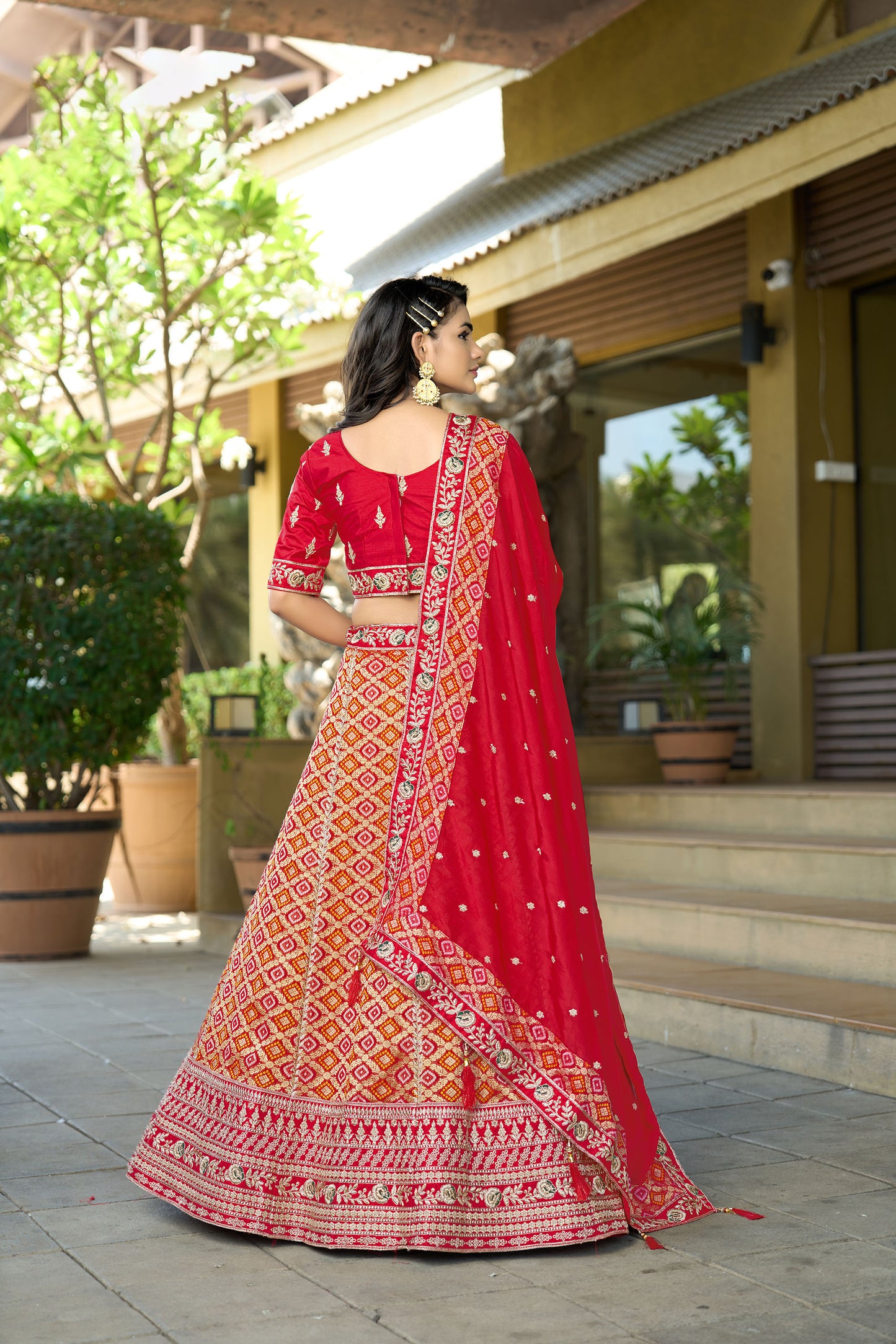 Red Viscose Silk Gota Embroidery Wedding Guest Lehenga